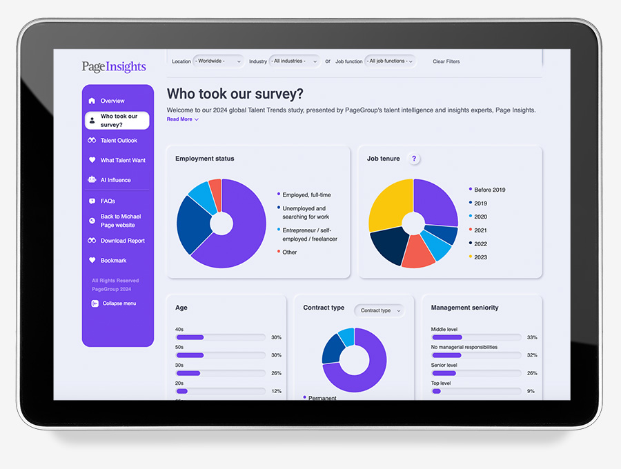 Tablet displaying survey results with charts and graphs for employment status and job tenure.