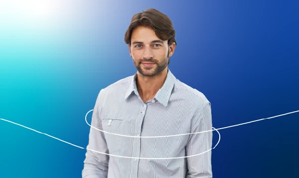 A young man in an office attire with a blue gradient background.