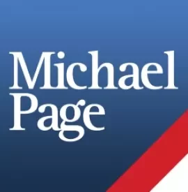 Michael Page logo on a blue background with a red and white corner stripe.