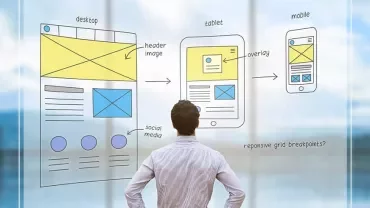 Person viewing a responsive web design sketch with desktop, tablet, and mobile layouts.