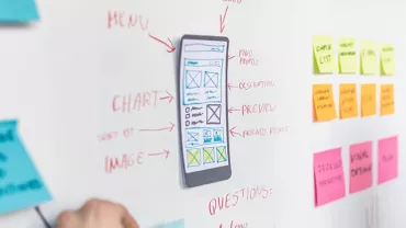 Design brainstorming session with wireframes and sticky notes on a whiteboard.