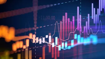 Colorful financial stock market graph illustrating various trends.