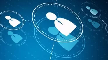 Network of blue and white interconnected icons of people.