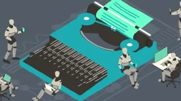 Five robots working on computers around a giant typewriter.