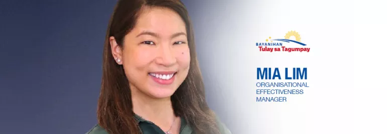 Portrait of a woman smiling with text: Mia Lim, Organisational Effectiveness Manager.