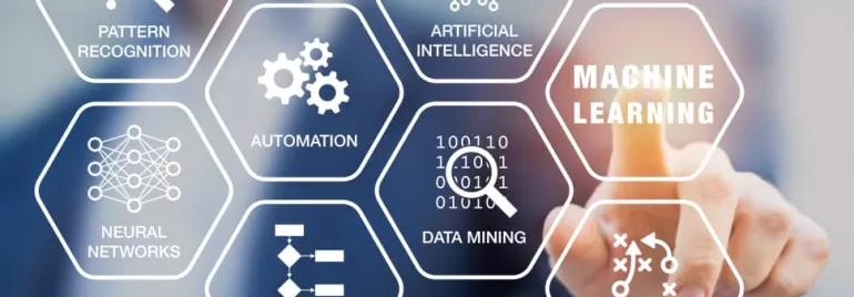 A person pointing at a hexagon marked 'Machine Learning' surrounded by related tech terms.