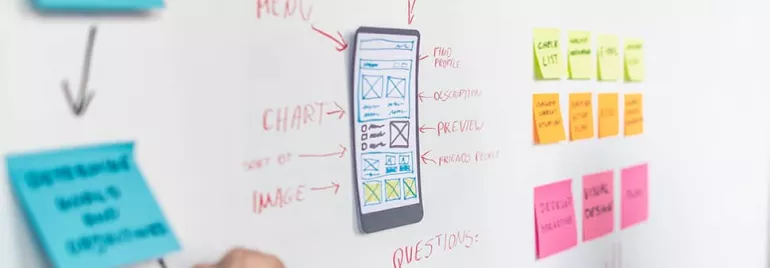 Design brainstorming session with wireframes and sticky notes on a whiteboard.