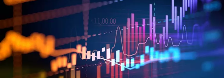 Colorful financial stock market graph illustrating various trends.
