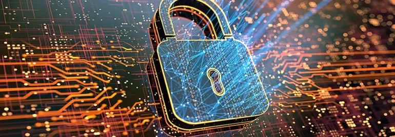 Digital lock icon over a circuit board background, representing cybersecurity.
