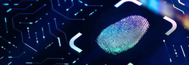 Digital fingerprint on a futuristic screen with circuit patterns.