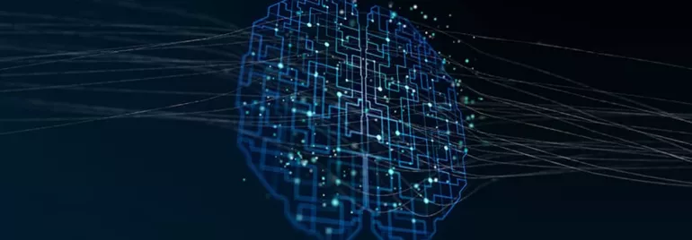 Digital brain illustration with circuits and glowing connections.
