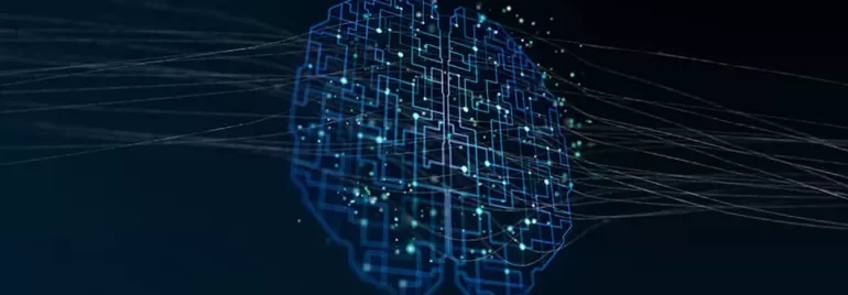 Digital brain illustration with circuits and glowing connections.