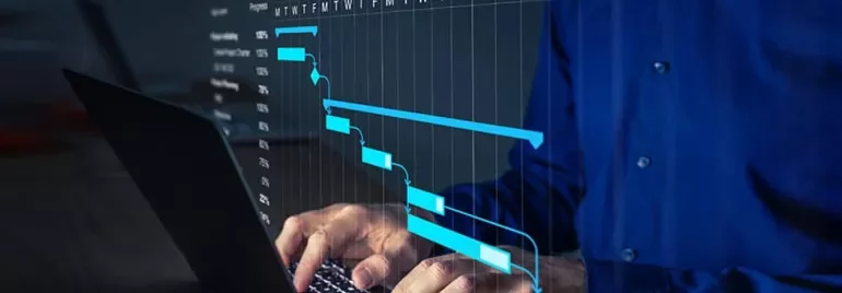Person typing on laptop with a project management chart overlay