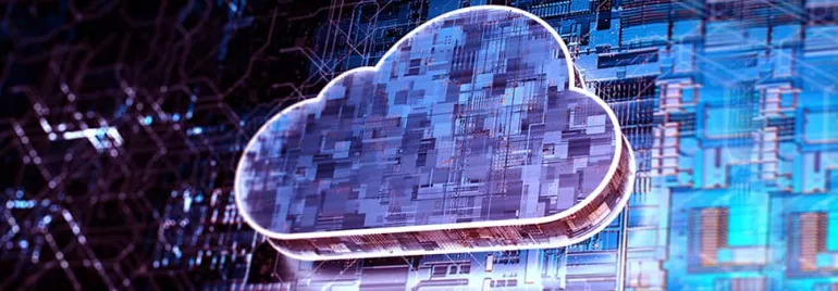 Digital cloud icon overlaid on a blue circuit board background.