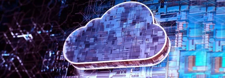 Digital cloud icon overlaid on a blue circuit board background.
