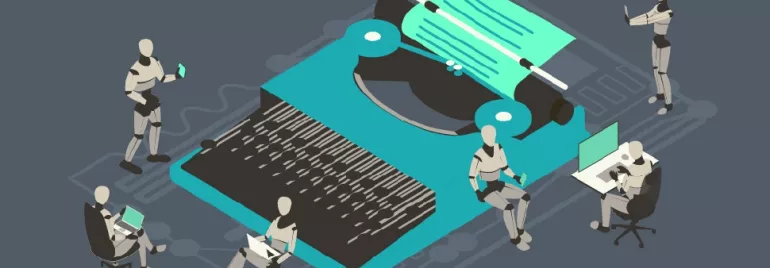 Five robots working on computers around a giant typewriter.