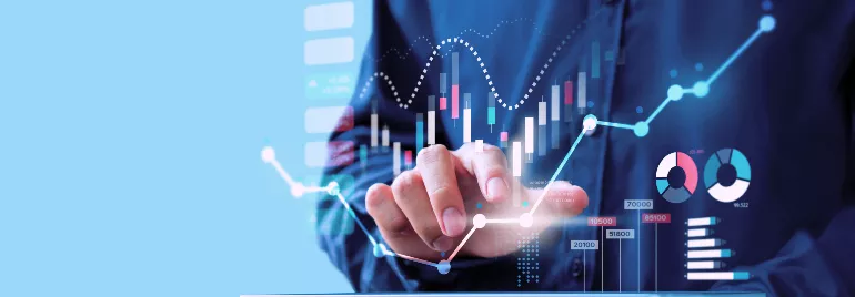Person interacting with digital financial chart and data visualizations.