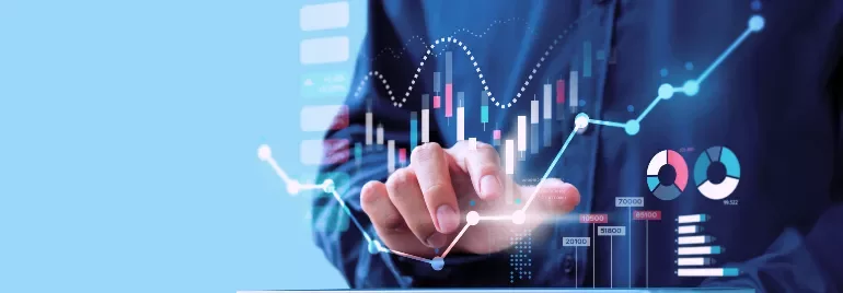Person interacting with digital financial chart and data visualizations.