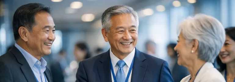 Three smiling business people engaged in a friendly conversation together.