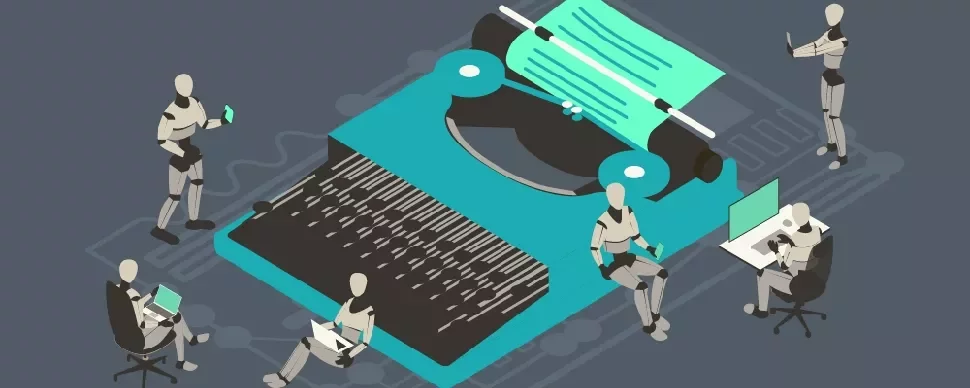 Five robots working on computers around a giant typewriter.