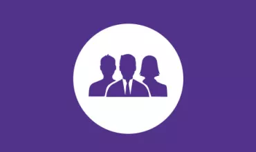 Silhouette icons of three people within a white circle on a purple background.