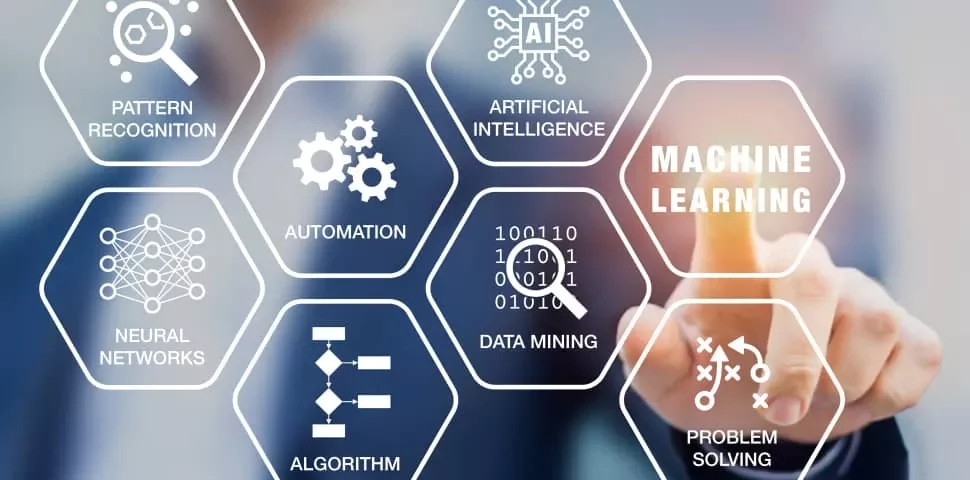 A person pointing at a hexagon marked 'Machine Learning' surrounded by related tech terms.