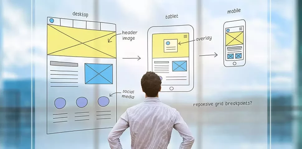 Person viewing a responsive web design sketch with desktop, tablet, and mobile layouts.