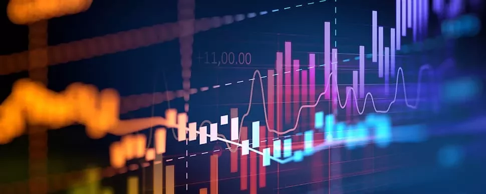 Colorful financial stock market graph illustrating various trends.