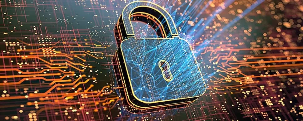Digital lock icon over a circuit board background, representing cybersecurity.