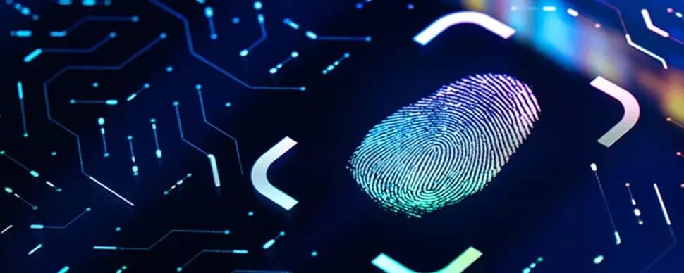 Digital fingerprint on a futuristic screen with circuit patterns.