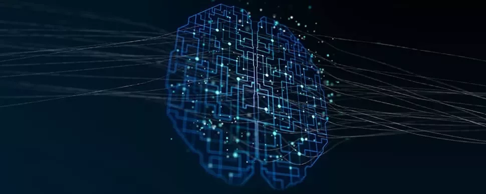 Digital brain illustration with circuits and glowing connections.
