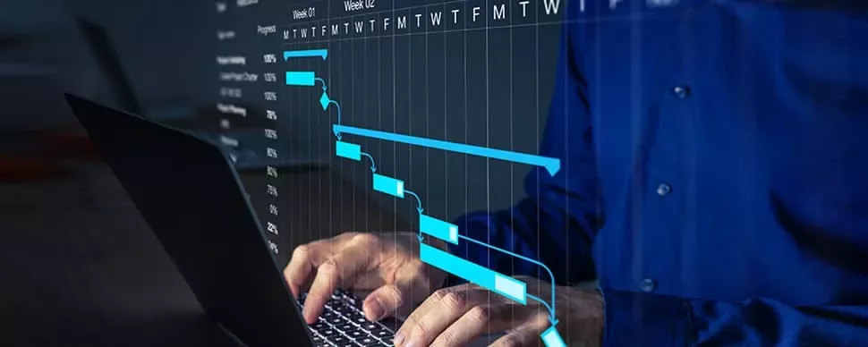 Person typing on laptop with a project management chart overlay