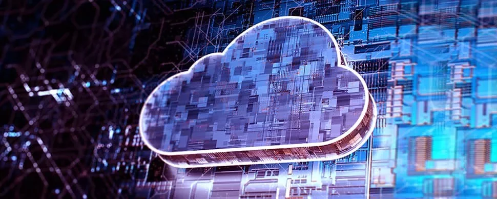 Digital cloud icon overlaid on a blue circuit board background.