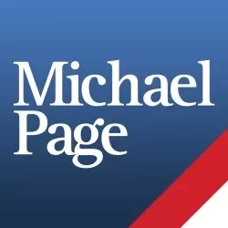 Michael Page logo on a blue background with a red and white corner stripe.